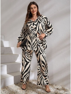 Plus Zebra Striped Drop Shoulder Shirt & Pants