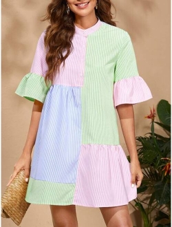 Striped Colorblock Flounce Sleeve Shirt Dress