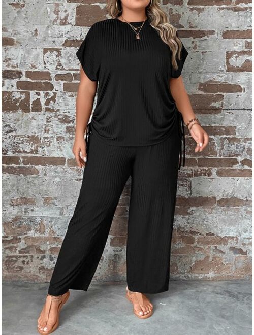 EMERY ROSE Plus Drawstring Side Batwing Sleeve Tee & Wide Leg Pants