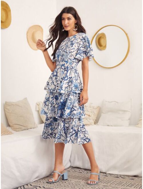 EMERY ROSE Butterfly Sleeve Layered Hem Floral Dress