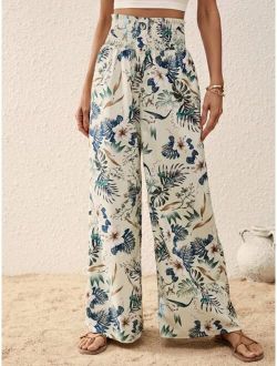 Tropical Print Wide Leg Pants