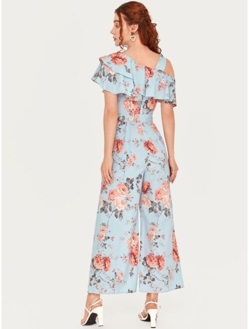 EMERY ROSE Rose Floral Print Ruffled Belted Jumpsuit