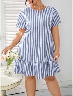 Plus Striped Print Ruffle Hem Smock Dress