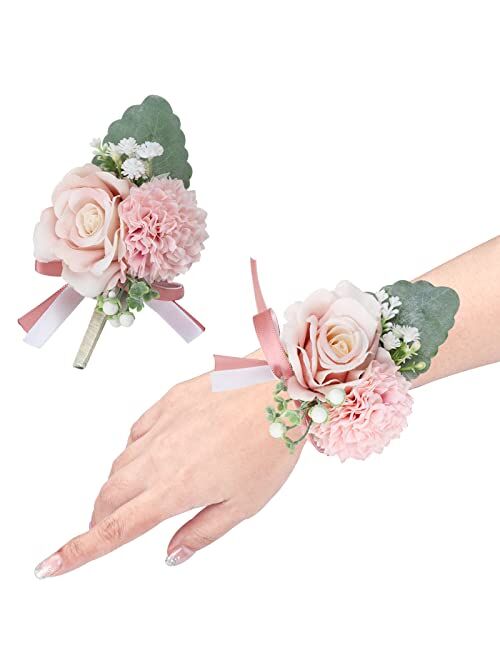 CEWOR Wrist Corsage Boutonniere Pink Rose Wristlet Band Bracelet and Men Boutonniere Set for Rustic Vintage Wedding Accessories Prom Party Decorations