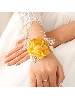 CASDRE Bridal Wrist Corsage Pearl Bride Wedding Hand Flower Corsage Wristlet Wedding Accessories for Women and Girls (Blue)