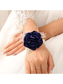 CASDRE Bridal Wrist Corsage Pearl Bride Wedding Hand Flower Corsage Wristlet Wedding Accessories for Women and Girls (Blue)