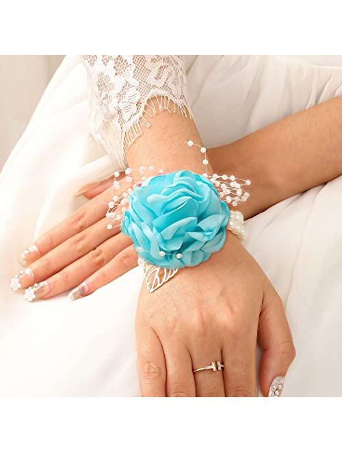 CASDRE Bridal Wrist Corsage Pearl Bride Wedding Hand Flower Corsage Wristlet Wedding Accessories for Women and Girls (Blue)