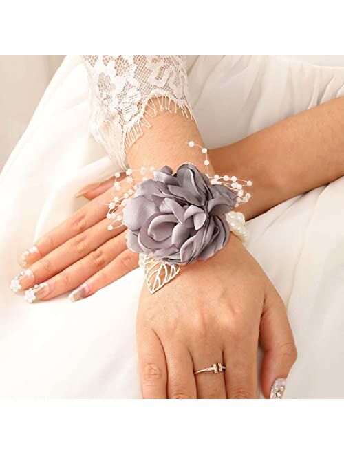 CASDRE Bridal Wrist Corsage Pearl Bride Wedding Hand Flower Corsage Wristlet Wedding Accessories for Women and Girls (Blue)