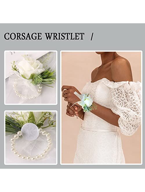 XAN White Rose Wrist Flower, Wrist Corsage Hand Flowers Decor for Wedding Bridal Prom Party Accessories