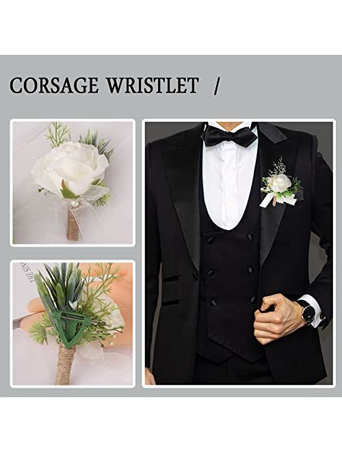 XAN White Rose Wrist Flower, Wrist Corsage Hand Flowers Decor for Wedding Bridal Prom Party Accessories