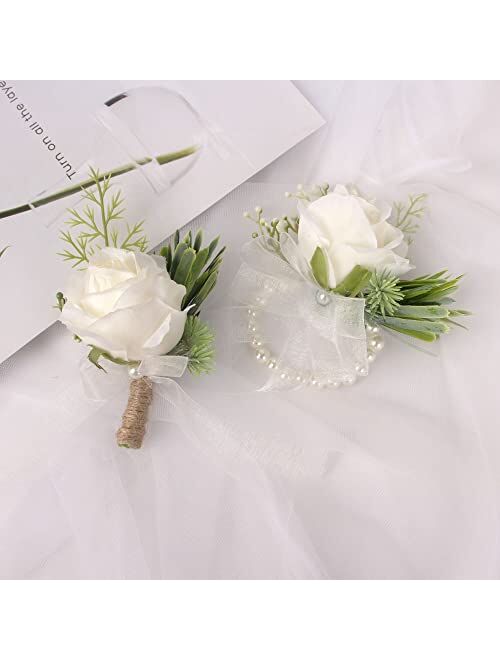 XAN White Rose Wrist Flower, Wrist Corsage Hand Flowers Decor for Wedding Bridal Prom Party Accessories