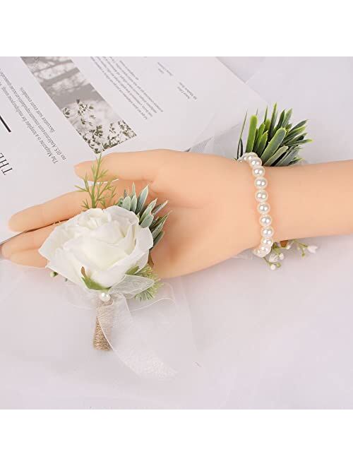 XAN White Rose Wrist Flower, Wrist Corsage Hand Flowers Decor for Wedding Bridal Prom Party Accessories