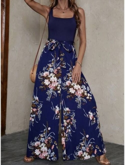 Floral Print Belted Wide Leg Jumpsuit