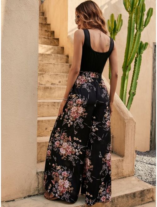 EMERY ROSE Floral Print Belted Wide Leg Jumpsuit