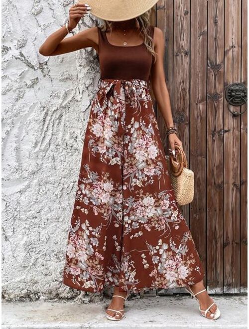 EMERY ROSE Floral Print Belted Wide Leg Jumpsuit