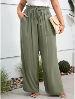 Plus Paperbag Waist Knot Front Wide Leg Pants