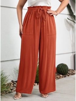 Plus Paperbag Waist Knot Front Wide Leg Pants