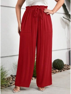 Plus Paperbag Waist Knot Front Wide Leg Pants