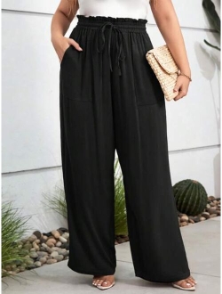 Plus Paperbag Waist Knot Front Wide Leg Pants