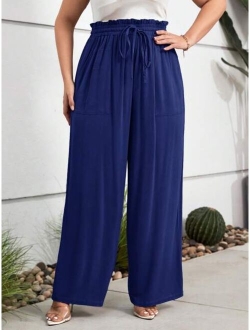 Plus Paperbag Waist Knot Front Wide Leg Pants