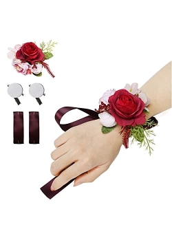 Bonycust Wrist Corsage Bracelet - 2 Pack Rose Wedding Wrist Band Hand Flower for Women Girl Bridesmaid Bridal Bridesmaid Prom (Champagne)