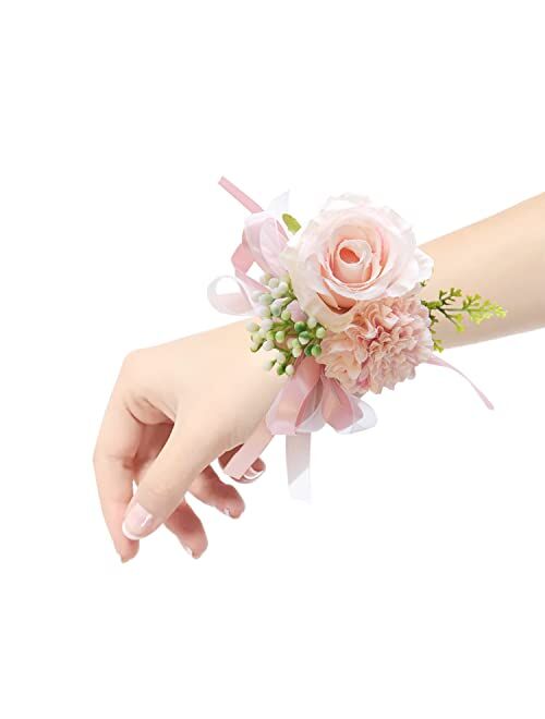 Bonycust Wrist Corsage Bracelet - 2 Pack Rose Wedding Wrist Band Hand Flower for Women Girl Bridesmaid Bridal Bridesmaid Prom (Champagne)