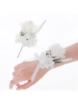 YIGHAI Peony Boutonniere and Wrist Corsage Set 2 Handemade Groom Groomsman and Brides Bridesmaid Artificial Wedding Flowers for Wedding Party Prom Suit Decoration