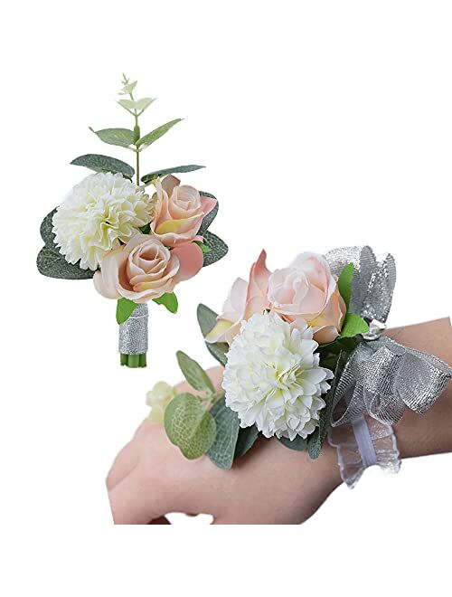 YIGHAI Peony Boutonniere and Wrist Corsage Set 2 Handemade Groom Groomsman and Brides Bridesmaid Artificial Wedding Flowers for Wedding Party Prom Suit Decoration