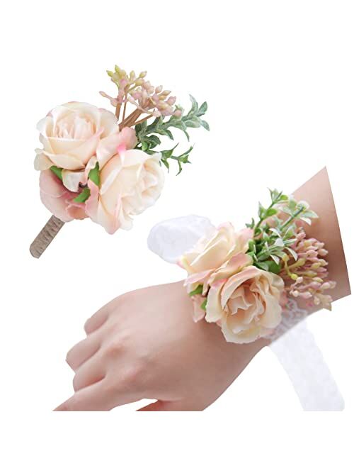 YIGHAI Peony Boutonniere and Wrist Corsage Set 2 Handemade Groom Groomsman and Brides Bridesmaid Artificial Wedding Flowers for Wedding Party Prom Suit Decoration