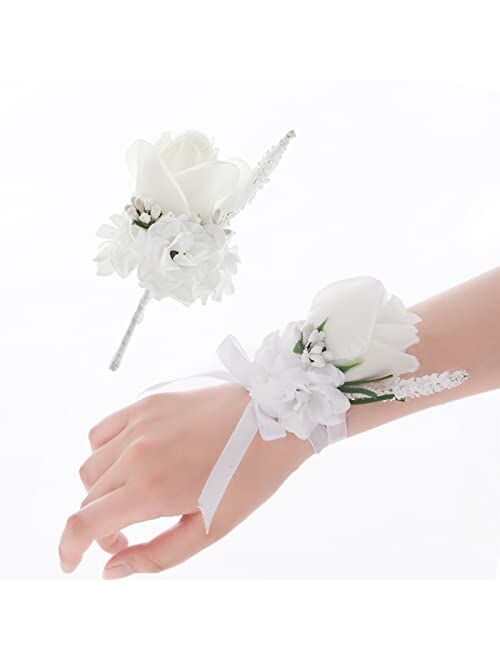 YIGHAI Peony Boutonniere and Wrist Corsage Set 2 Handemade Groom Groomsman and Brides Bridesmaid Artificial Wedding Flowers for Wedding Party Prom Suit Decoration