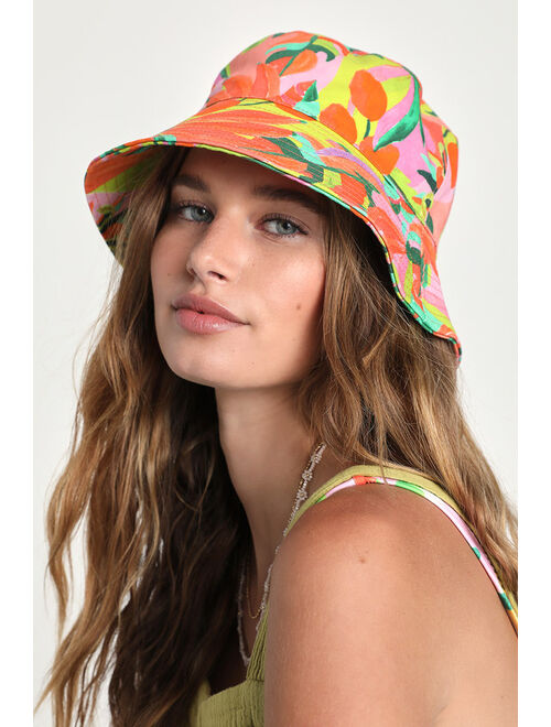 Lulus Kulani Kinis Passionate Paradise Pink Multi Tropical Print Bucket Hat