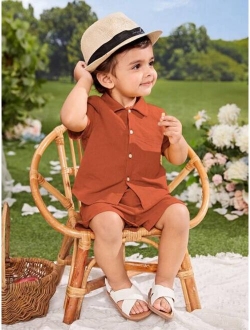 Baby Solid Button Front Shirt Shorts Without Tee