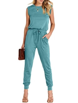 Womens Summer Crewneck Sleeveless Casual Loose Stretchy Jumpsuits Rompers with Pockets