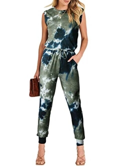 Womens Summer Crewneck Sleeveless Casual Loose Stretchy Jumpsuits Rompers with Pockets