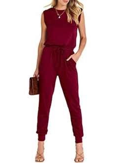 Womens Summer Crewneck Sleeveless Casual Loose Stretchy Jumpsuits Rompers with Pockets