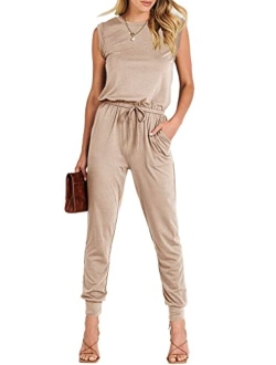 Womens Summer Crewneck Sleeveless Casual Loose Stretchy Jumpsuits Rompers with Pockets