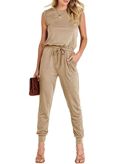 Womens Summer Crewneck Sleeveless Casual Loose Stretchy Jumpsuits Rompers with Pockets