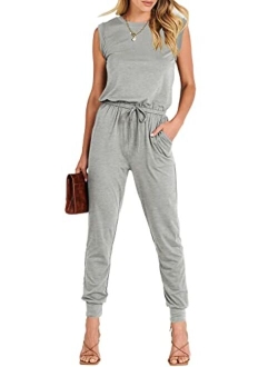 Womens Summer Crewneck Sleeveless Casual Loose Stretchy Jumpsuits Rompers with Pockets