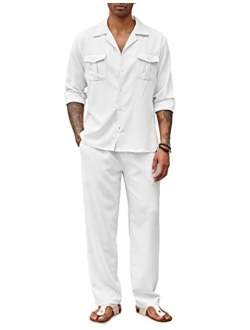 Men's 2 Piece Linen Sets Casual Button Down Shirts Long Sleeve Beach Pants Summer Outfits with Pockets