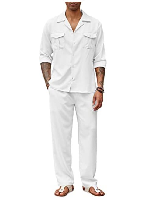 COOFANDY Men's 2 Piece Linen Sets Casual Button Down Shirts Long Sleeve Beach Pants Summer Outfits with Pockets