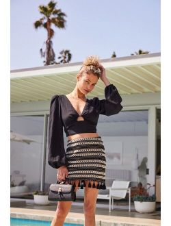 Festive Cutie Black and Ivory Striped Crochet Mini Fringe Skirt