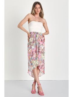 Treasured Travels Pink Boho Print Satin Twist-Front Midi Skirt