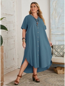 Plus Single Breasted Curved Hem Dress