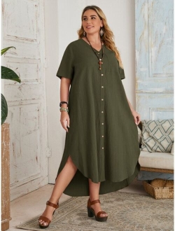 Plus Single Breasted Curved Hem Dress