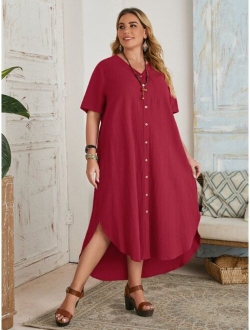 Plus Single Breasted Curved Hem Dress