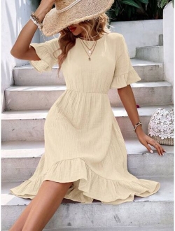 1pc Solid Flounce Sleeve Ruffle Hem Dress