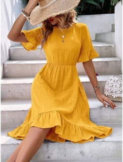 1pc Solid Flounce Sleeve Ruffle Hem Dress