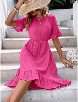 1pc Solid Flounce Sleeve Ruffle Hem Dress