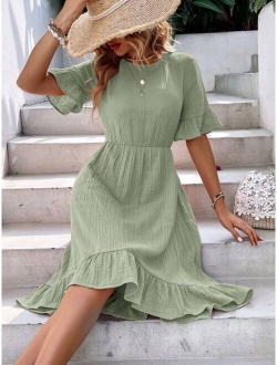 1pc Solid Flounce Sleeve Ruffle Hem Dress