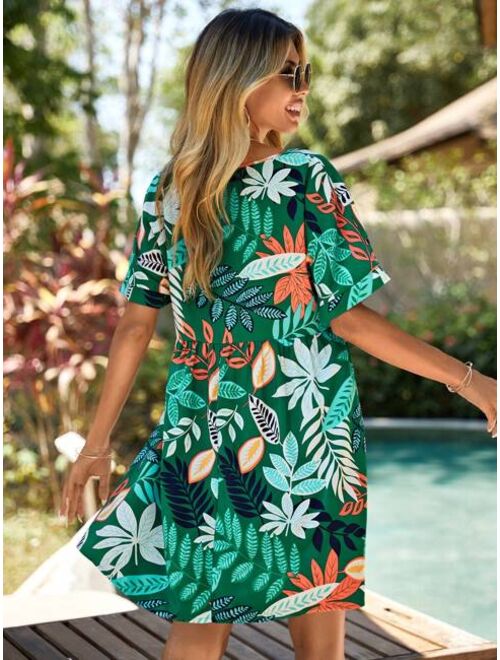 EMERY ROSE Tropical Print Flounce Sleeve Smock Dress